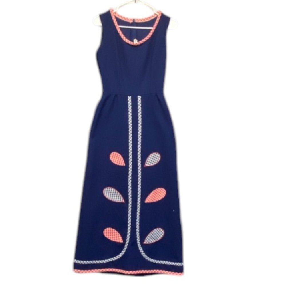 Vintage Hostess Dress Polyester Double Knit Maxi 10 Appliqued Gingham Sleeveless